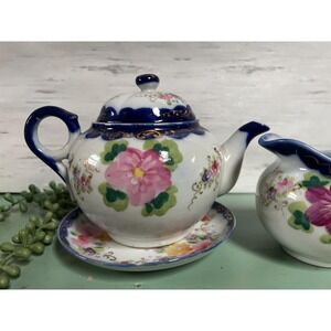 Antique Nippon Japan Tea Pot Creamer & Saucer * Hand Painted Flowers Gold Accent